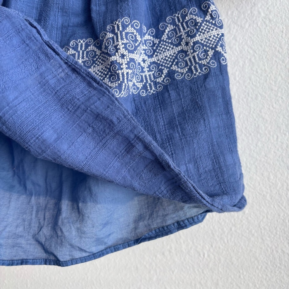 Tory Burch Loretta Blue and White Off the Shoulder Embroidered Gauze Mini Dress - Picture 6 of 10